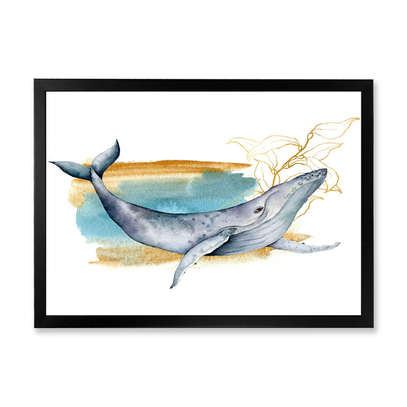 Baleine bleue sur fond blanc - Peinture sur toile, H 16 po x l 32 po x P 1 po, Cadre noir