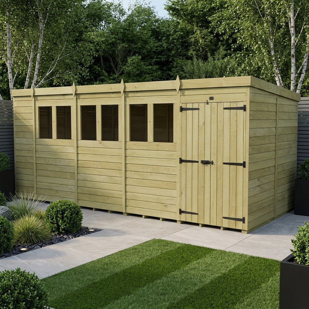 Total Sheds 19ft x 8ft Pent Garden Shed - Double Door - With Windows - Pressure Treated Timber - UK Manufactured