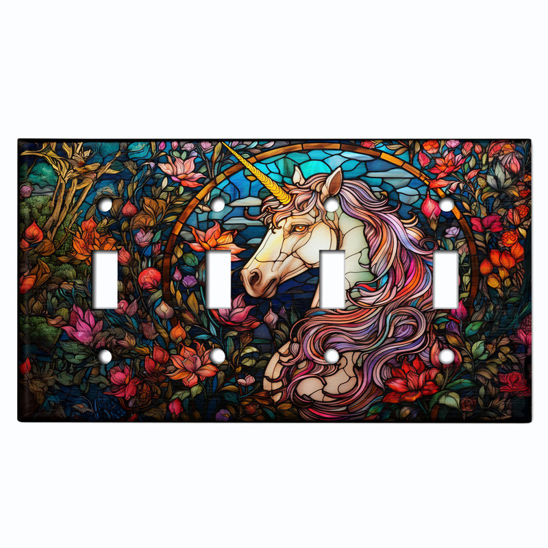 Couvercle de plaque d'interrupteur en métal; Impression de vitrail de licorne standard américain à 4 bandes - Licorne