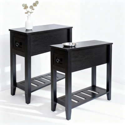 Narrow End Table With Drawer, Slim Side Table For Small Spaces, Set Of 2 Black Couch Tables For Living Room And Bedside Use