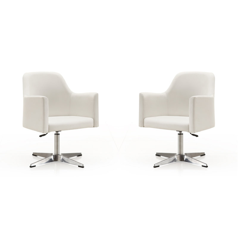Pelo Modern Vegan Leather Upholstered Metal Swivel Armchair in White, White Faux Leather