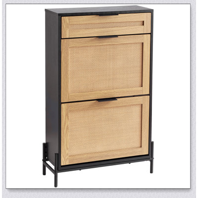 Armoire à chaussures en rotin, organisateur étroit avec 2 tiroirs en rotin rabattables et 1 tiroir coulissant, pieds en métal, idéal pour le vestibule et le couloir