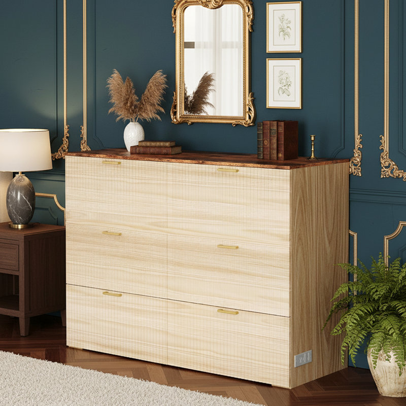 Lit double escamotable en bois avec station de charge, tiroirs de rangement, pour petits espaces, en beige, Lit double