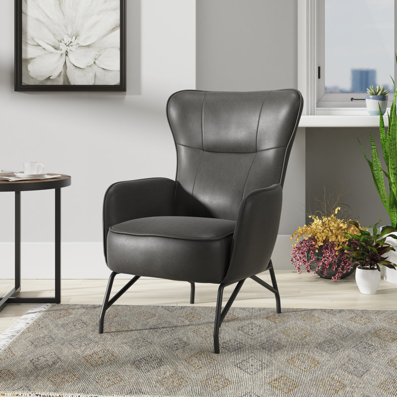 Rainer Upholstered Accent Chair, Black Pebbled Faux Leather