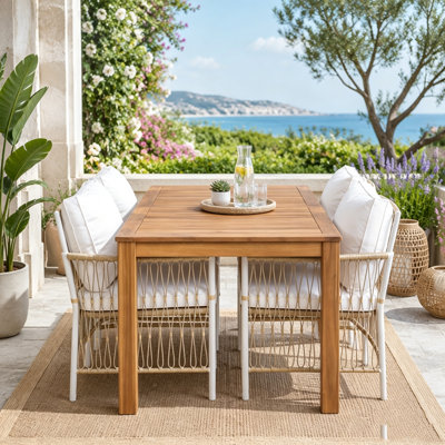 Patio 5pcs Wooden Dining Table Set, Outdoor 67''L Rectangular Table with 4 Rattan Arm Chairs