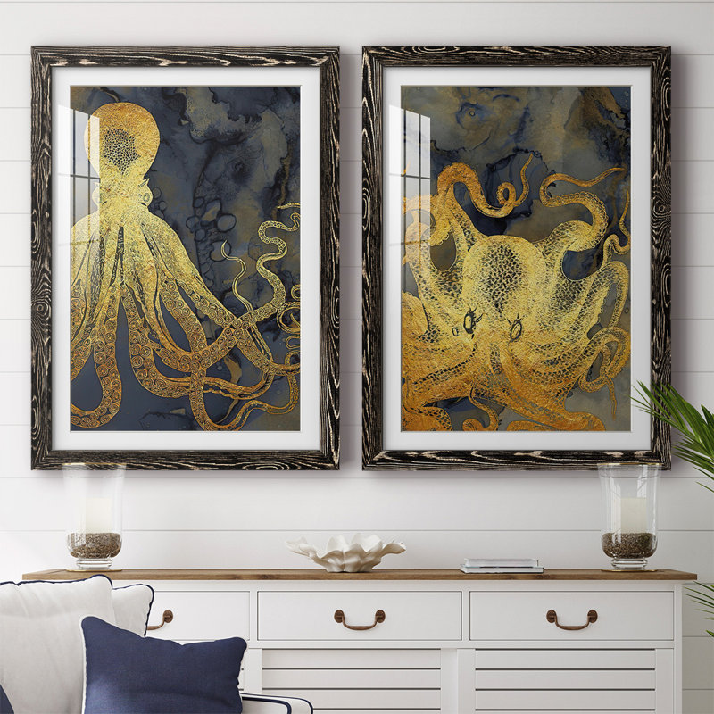 Encre pieuvre dorée et bleue I-Premium, reproduction encadrée - prête à être accrochée, H 31,5 po x l 88 po x P 1,5 po, Noir
