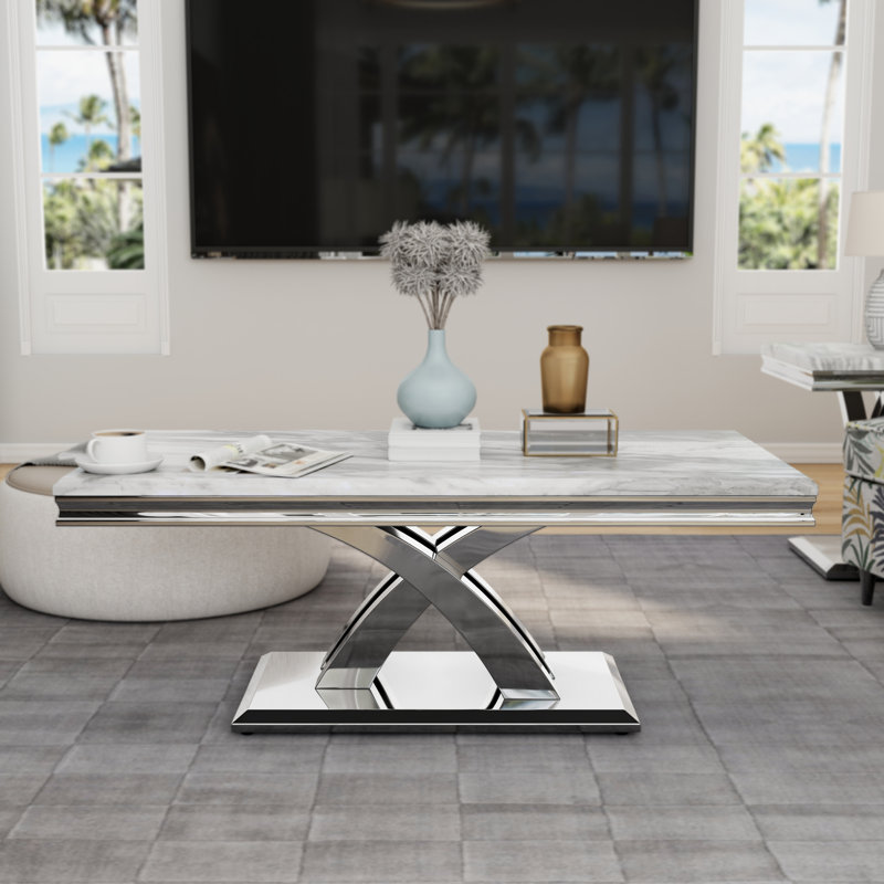 Silver And Grey Coffee Table With Mirrored Silver X-Base