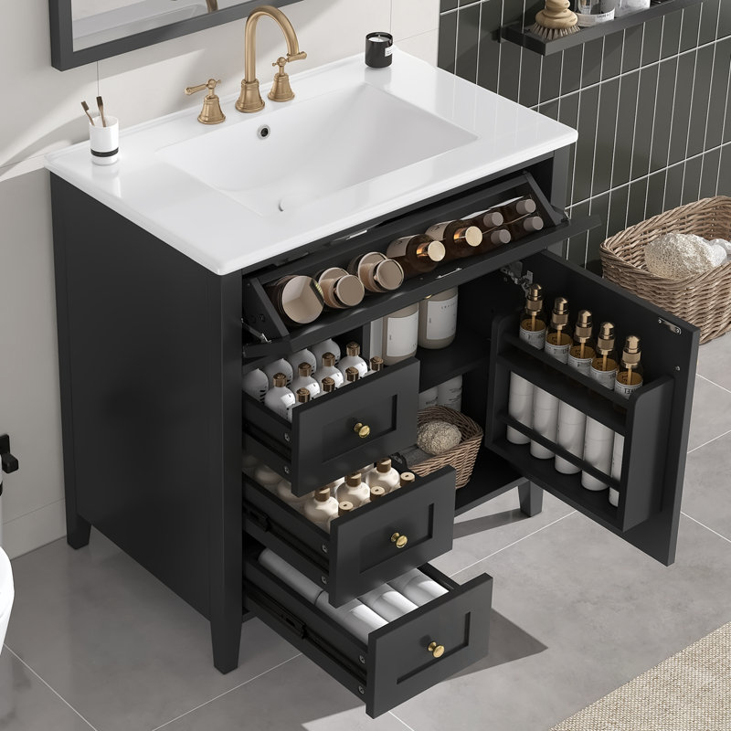 Meuble-lavabo avec lavabo, 3 tiroirs et tablette réglable, Noir/or
