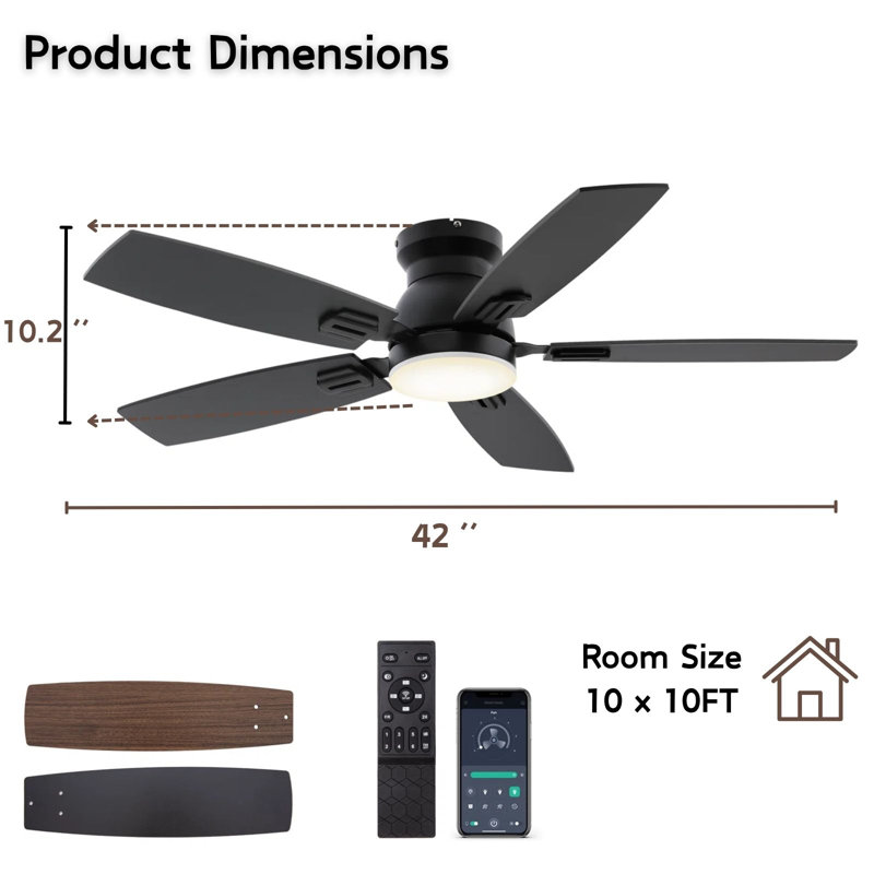 42 ''- Blade Modern Ceiling Fan with LED Lights and Remote Control, 6 Speeds Reversible DC Motor, 3 Color Lights, Timer, Double-sided Wood Blades