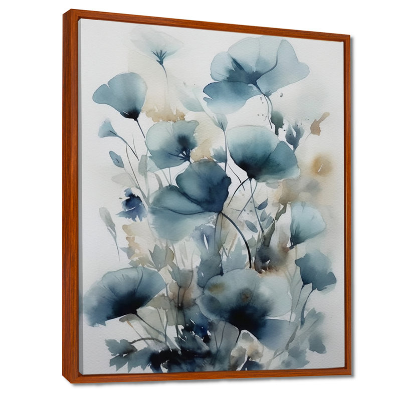 «Blue Leaf Foliage And Flowers I - Leaves», art mural sur toile, H 20 po x l 12 po, Cadre flottant brun