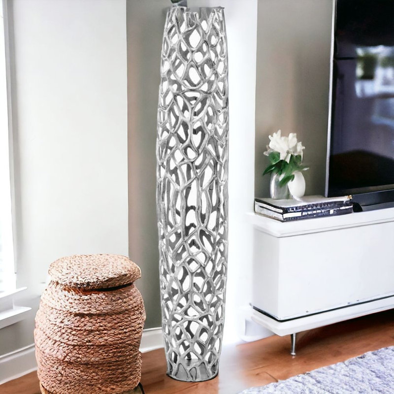 Vase de plancher Babylone Rama, H 47 po x l 6,5 po x P 9 po, Argent