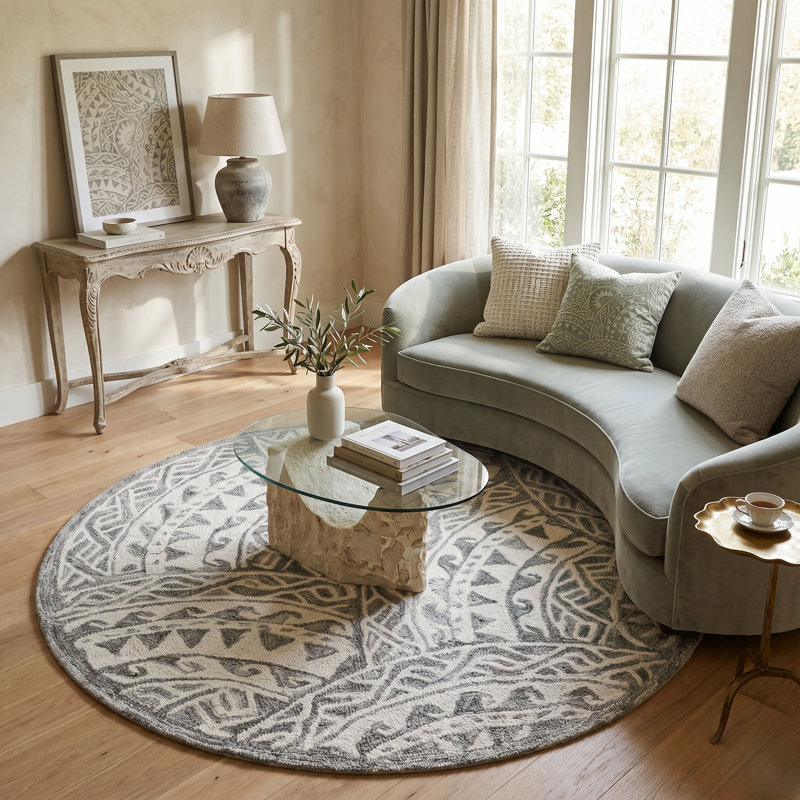 Tapis gris en laine touffeté à la main Toochin Aztec, Rond 6 pi