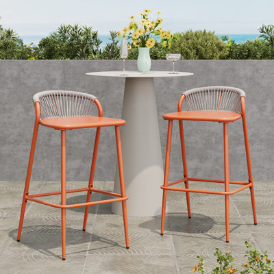 Set of 2 Outdoor Aluminum Bar Stools with Woven Backrest and Footrest by Dovecove