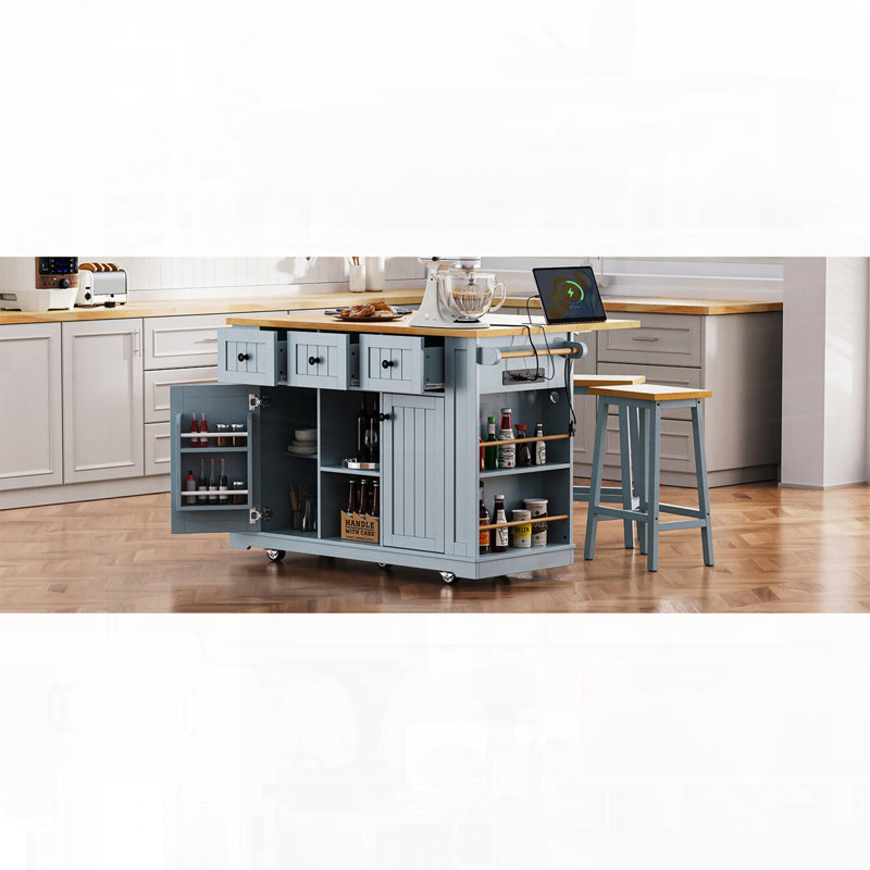 Îlot de cuisine mobile avec abattants et supports de rangement ouverts, Bleu gris