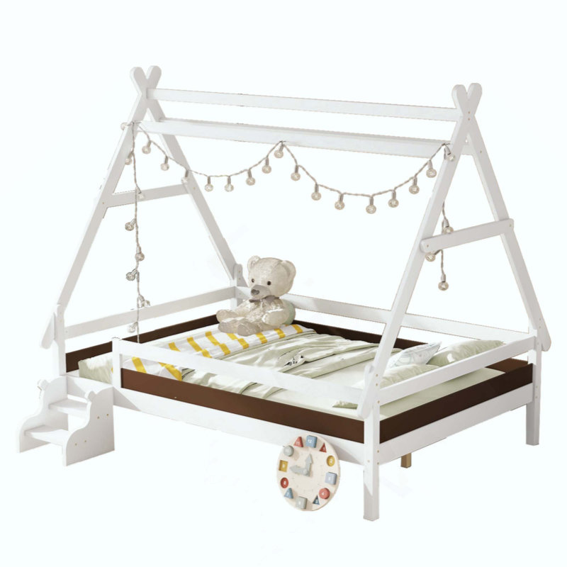 Lit plateforme House avec escalier, structure de lit en bois massif, profil bas et conception amusante pour enfants