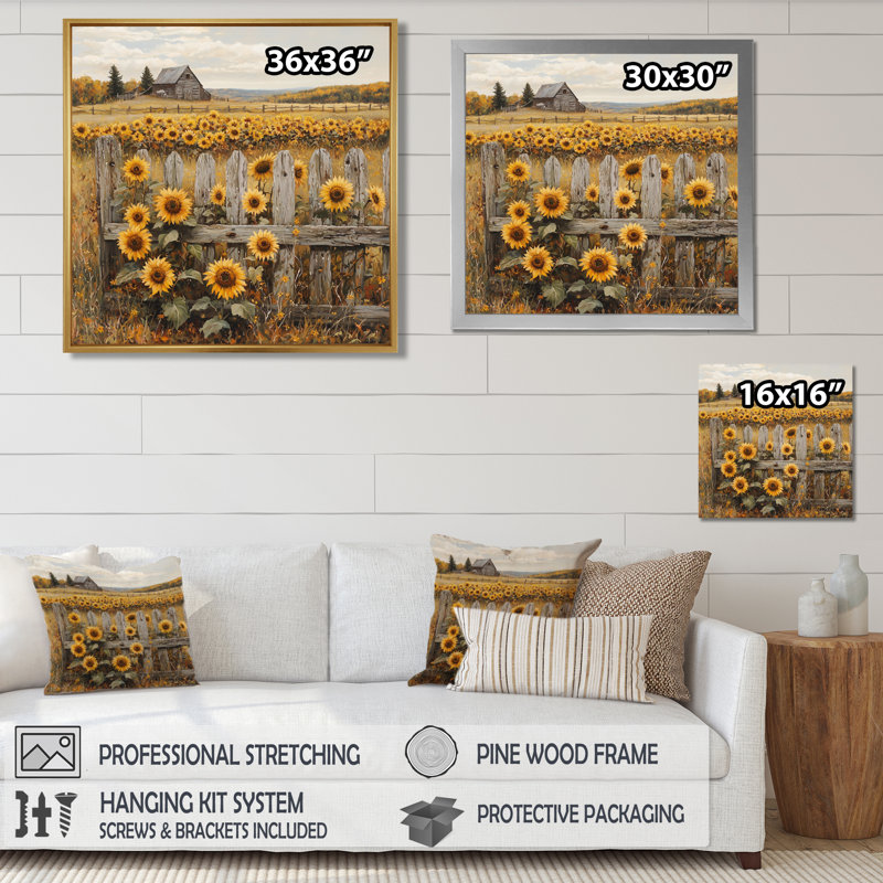 Donara Sunflowers Beside The Farm Fence V - Art mural tournesols, Reproduction encadrée d'une seule photo, H 16 po x l 16 po