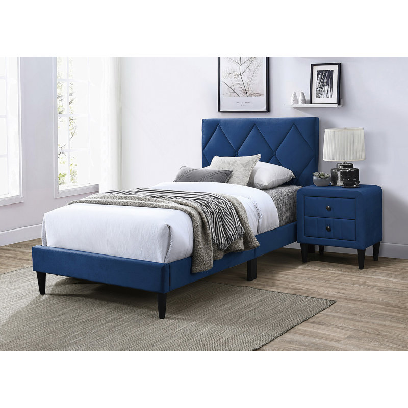Velvet Upholstered Adjustable Headboard Bed With Tufting Design, Blue, Twin
