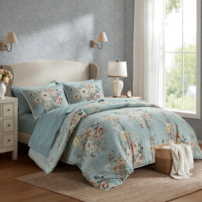 Ensemble de literie 7 pièces bleu pâle à motif floral vintage pour lit double, en microfibre, très chaude, facile d'entretien.