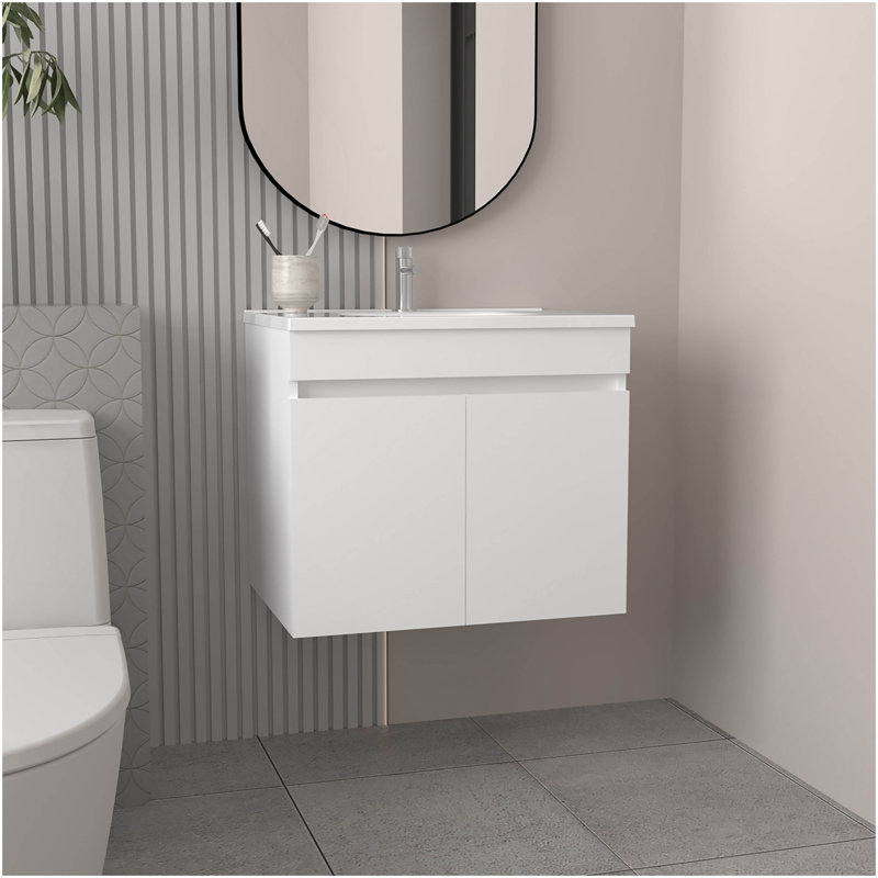 Meuble-lavabo avec lavabo, 2 portes, 2 tablettes, Blanc
