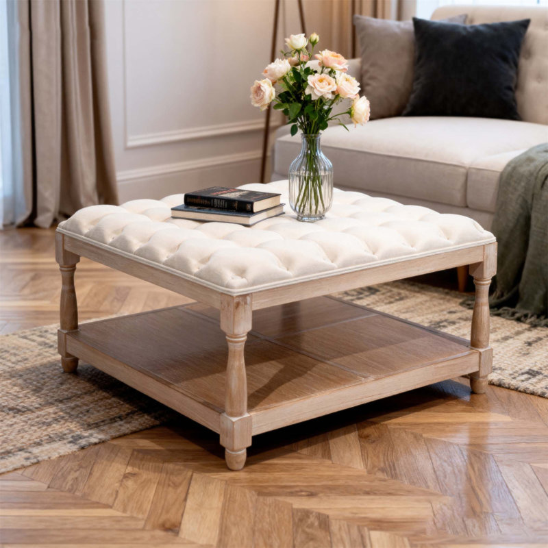 Table basse avec repose-pieds capitonné en lin 33 pouces avec tablette de rangement et pieds solides pour le salon, le bureau et la chambre à coucher