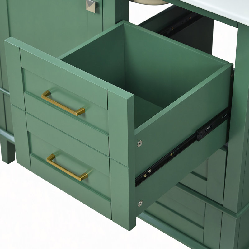 Meuble-lavabo 36 po avec cadre en pin massif, 1 porte à fermeture douce et 3 tiroirs, armoire de rangement, Vert