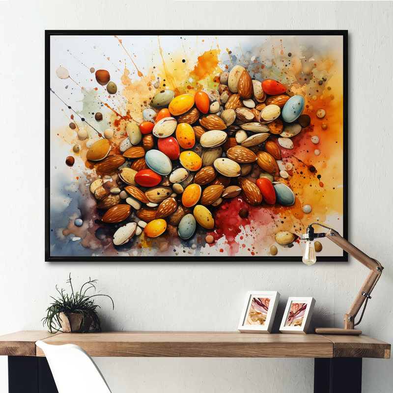 Red Nuts Explosion - Food & Beverage Canvas Wall Art, Cadre flottant noir, 16" H x 32" W