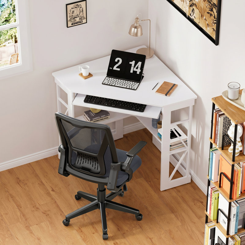 Home Office Desk Set With 1 Office Chair, Corner Desk Computer Desk With Smooth Keyboard Tray And Storage Shelves, Writing Table With Chair For Home Office, Set of 2