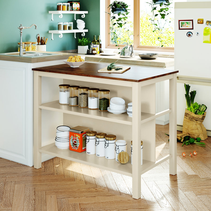 Rustic 45" Kitchen Island With Solid Wood Top - Walnut Tabletop And Cream White Base 2 Open Shelves Dining Table For Compact Spaces