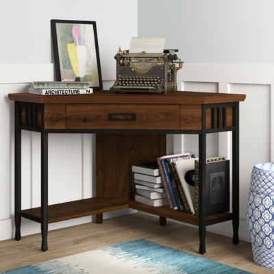 Ironcraft Solid + Manufactured Wood Corner Computer Desk in Burnished Mission Oak