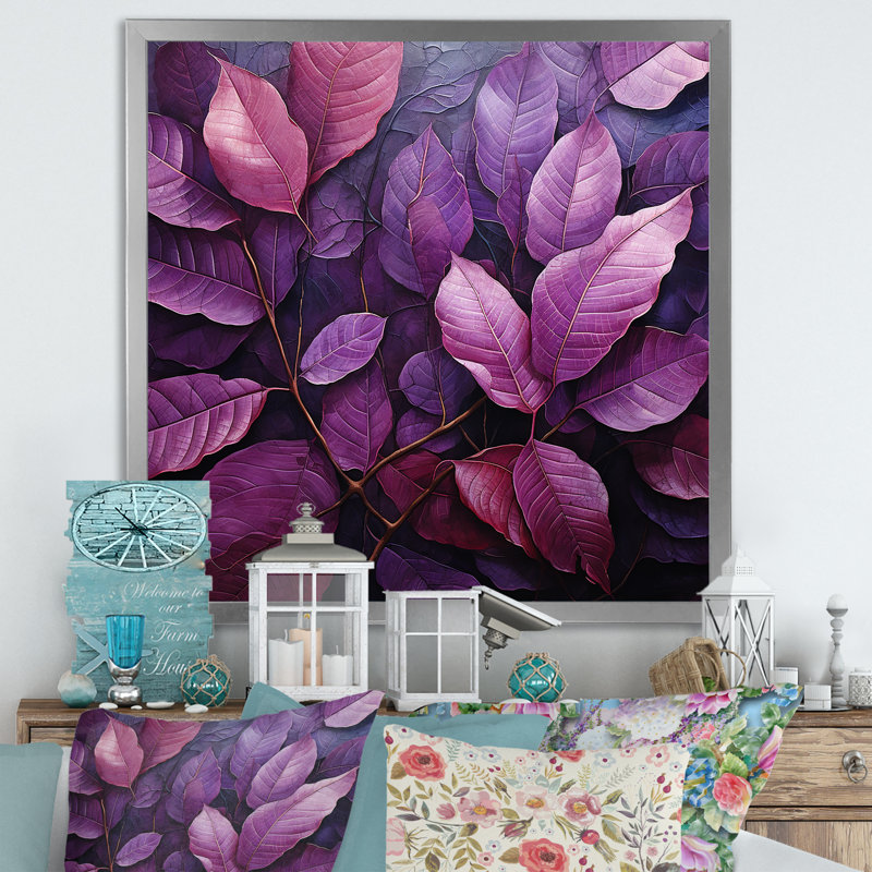 Feuillage de veines violet minimaliste, Cadre simple argenté, H 16 po x l 16 po x P 1 po