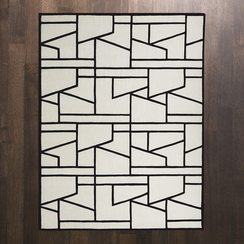 Handmade Black Geometric Tufted Wool 5' x 8' Rug
