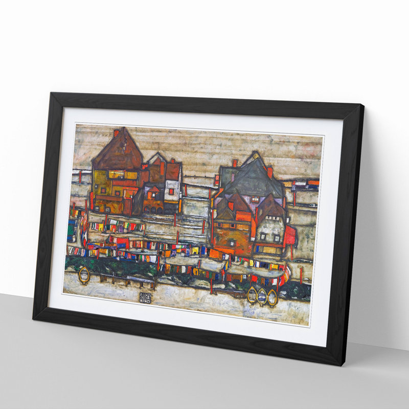 Houses with Laundry by Egon Schiele - Picture Frame Painting, Black Framed, 27cm H x 36cm W x 2cm D