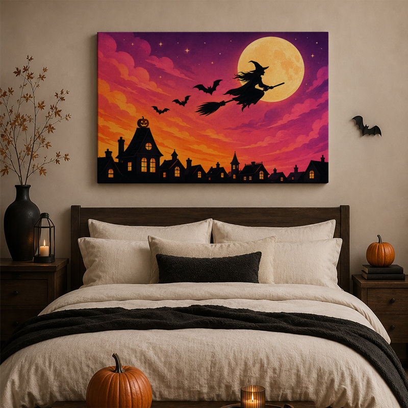 Sorcière planant au-dessus d'un village sous la pleine lune et toile murale d'Halloween, 32"H x 48"W