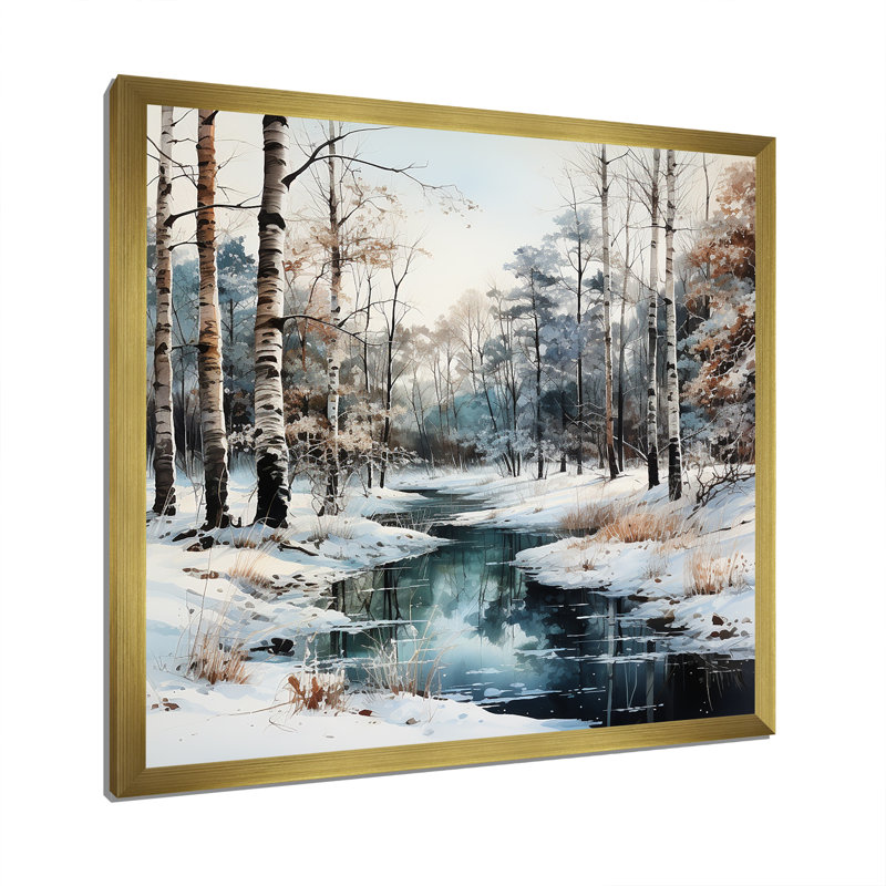 Rivière en forêt, paysage d'hiver - impressions sur toile de forêt, H 24 po x l 24 po x P 1 po, Cadre doré simple