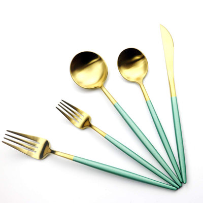 Mayon Green Gold Matte 5-Piece Stainless Steel Flatware Set - Eco-Friendly Frosted Green Handles