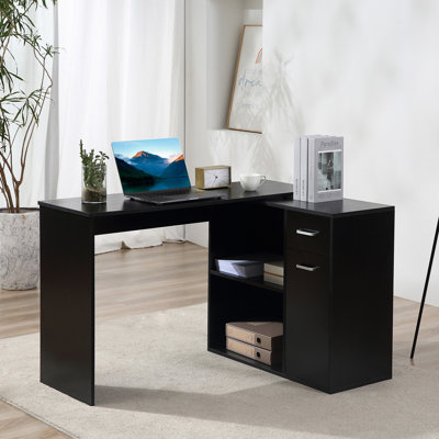 L Shaped Computer Desk, 180° Rotating Corner Desk With Storage Shelves, Drawer And Cabinet, Study Workstation For Home Office, Black