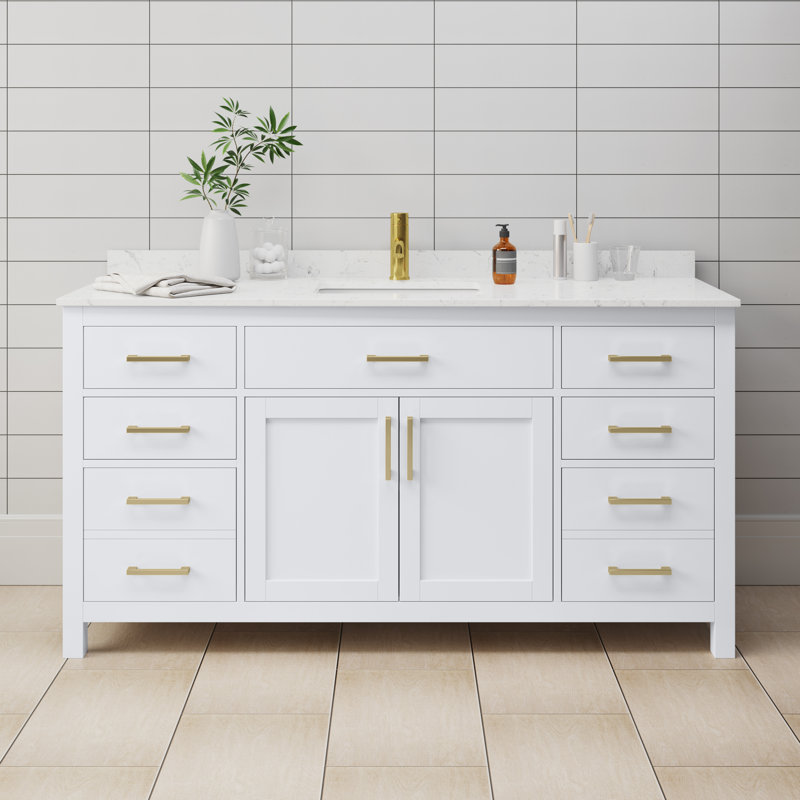 Beckett 66" Freestanding Single Bathroom Vanity with Cultured Marble Top, White, Brushed Gold, Carrara Cultured Marble