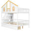 Lit superposé simple pour enfants, bois massif blanc et naturel et panneau de fibres à densité moyenne, structure de maison avec escalier de rangement