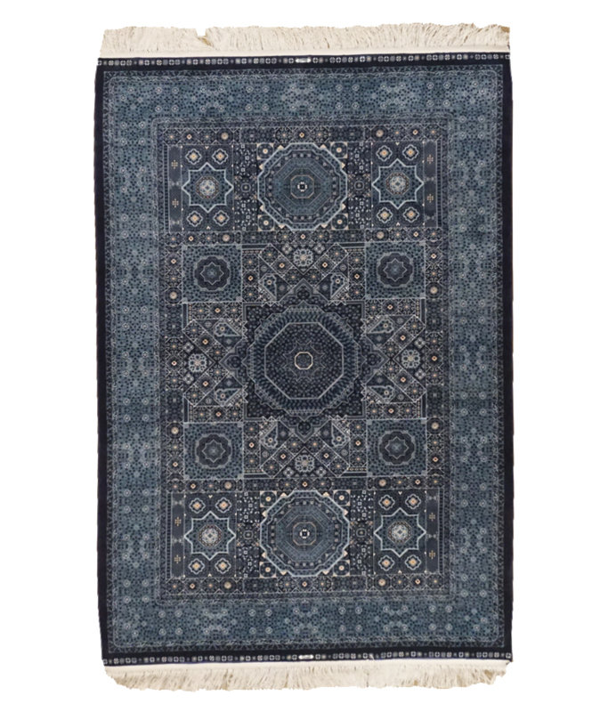 Tapis bleu en soie pure touffetée 4X6, 1000 KPSI