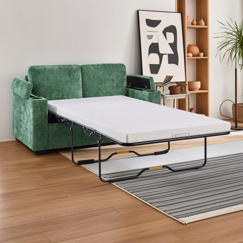 Canapé-lit gigogne avec matelas simple et rangement dans l'accoudoir, Vert