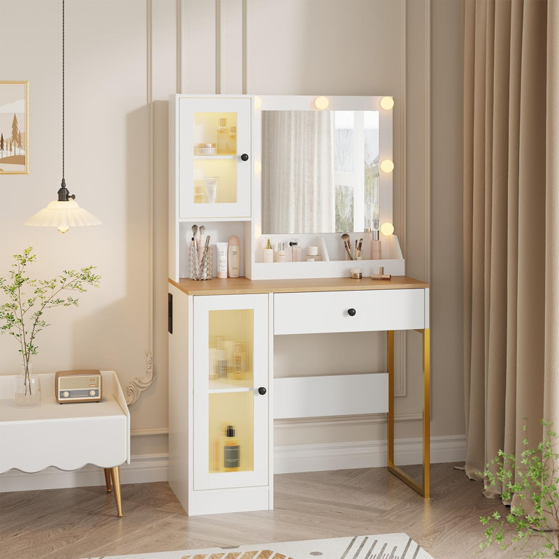 Bureau de maquillage avec miroir et lumières, coiffeuse avec station de charge, coiffeuse en bois RVB Lights pour chambre à coucher