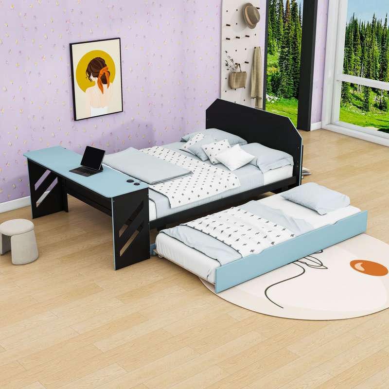 Full Wooden Daybed with USB Port, Desk and Trundle, Cloud Blue