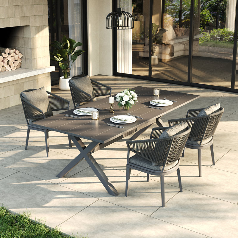 Ensemble repas extérieur pour 4 personnes avec coussins, Gris foncé / Gris, 4