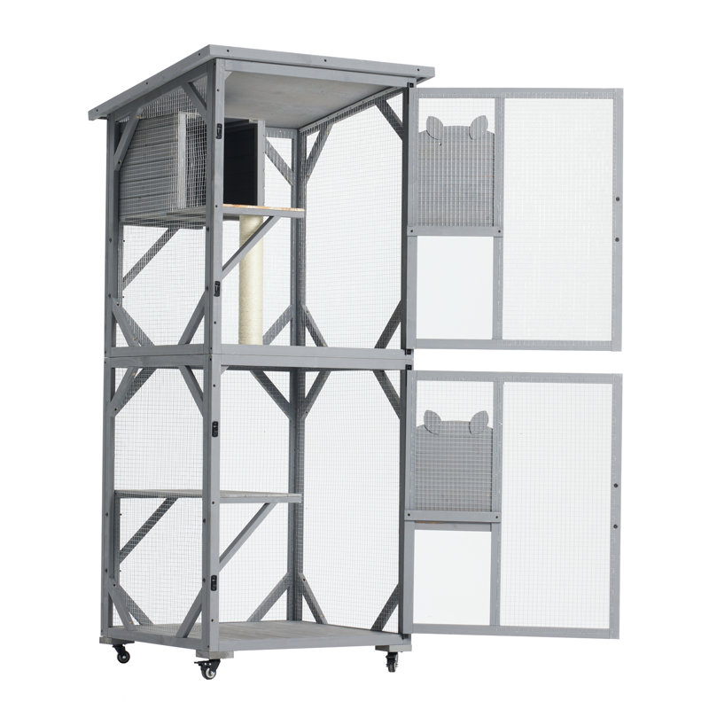Grande maison pour chat d'extérieur - 70,9 po avec 2 portes verrouillables, 3 plateformes de saut pour petits chats (11 roues de 25 lb de style décontracté, plancher amovible, idéal