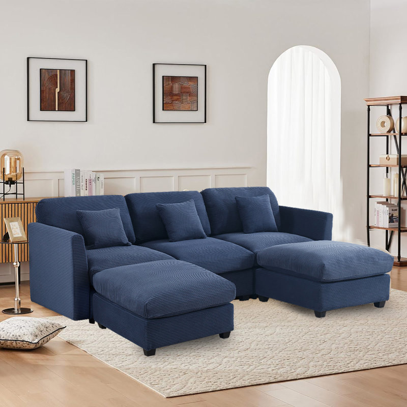 Virgus U-shaped  Corduroy Sectional Sofa With Ottoman, Blue Polyester Blend