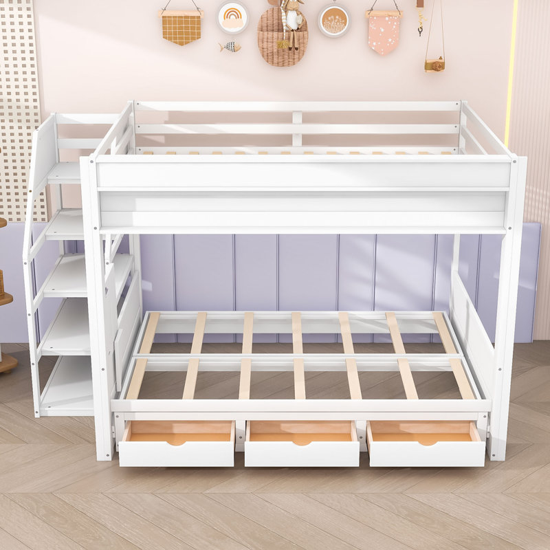 Lit superposé double au-dessus de double avec escalier de rangement et table de chevet Keyek, Blanc