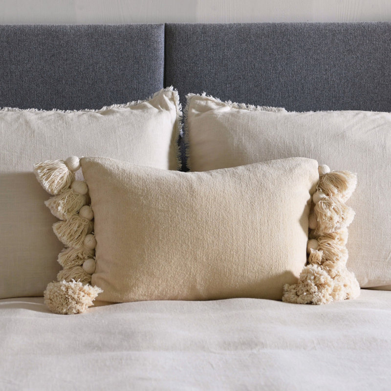 Cream Cotton Chenille Lumbar Pillow with Tassels