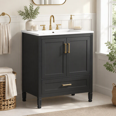 Meuble-lavabo cannelé élégant de 30 po avec lavabo en céramique, boîte simple, pieds en bois massif, portes et tiroir à fermeture en douceur, tablette de porte