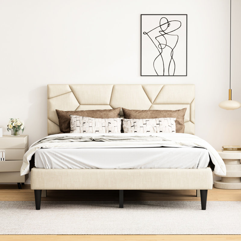 Lit pour grand lit sans sommier beige - Stable, solide, avec tête de lit et sommier, espace de rangement, Grand lit