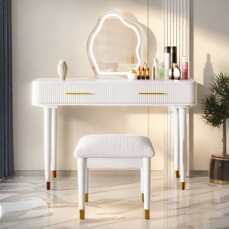 Modern Vanity Table Set With Touch Screen Lighted Mirror, Dressing Table And A Cushioned Stool